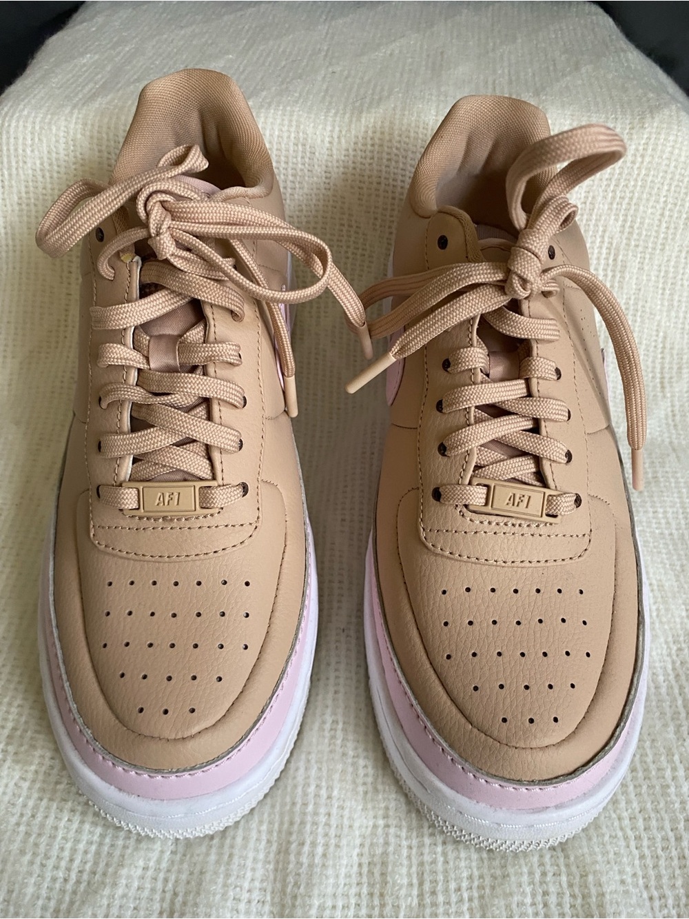 Nike Women's Air Force 1’s Beige Sneakers with Pink Midsole Accent